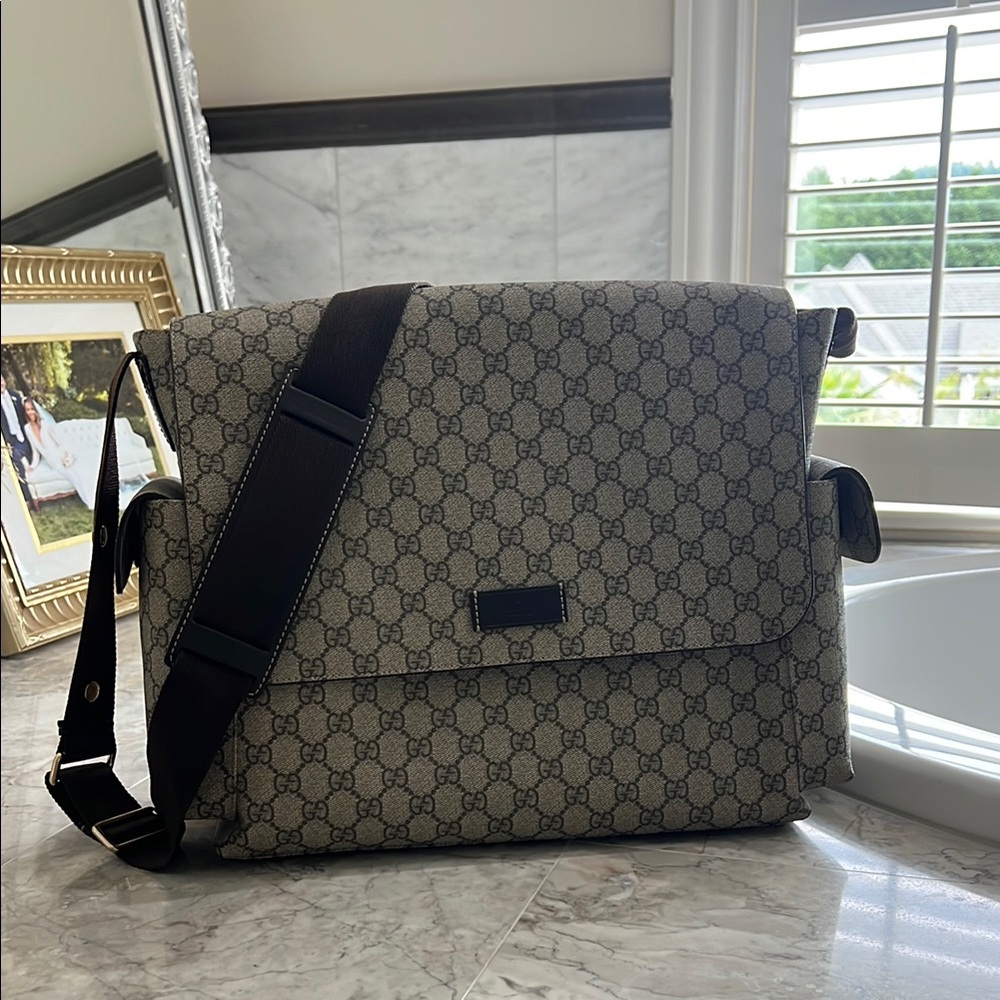 Gucci Gray and Brown diaper Bag with Monogram Design